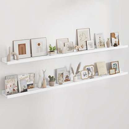 Floating Picture Ledge Shelves 72 Inch Solid Oak Wood Set of 2, Rustic Wall Storage Shelves with Lip, Kids Bookshelf, Photo & Picture Ledge Shelves for Bedroom, Living Room, Kitchen