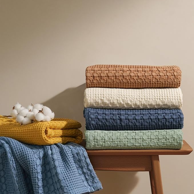 PHF 100% Cotton Waffle Weave Throw Blanket, Soft Lightweight Breathable Cozy Summer Throws for Couch Bed Sofa, Luxury Aesthetic Woven Blanket for Home Decor & Office, 50"x60", Light Grey