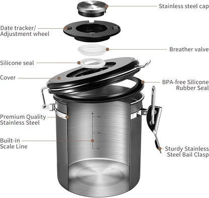 Veken Coffee Canister, Airtight Stainless Steel Kitchen Food Storage Container with Date Tracker and Scoop for Beans, Grounds, Tea, Flour, Cereal, Sugar, Cookies Jars, 16OZ Gray