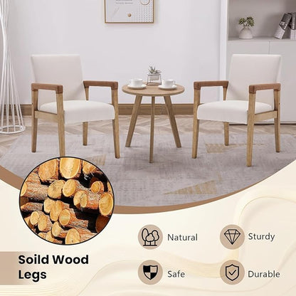 Kmax Modern Dining Chairs Set of 2 Linen Fabric Kitchen Arm Chairs Upholstered Accent Chairs with Wooden Legs for Dining Room, Living Room, Bedroom, White