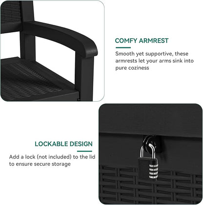 YITAHOME 70 Gallon Storage Bench Deck Box, Lockable Patio Bench, Waterproof Outdoor Pool Deck Storage for Patio Cushions, Garden Tools and Pool Supplies, Black