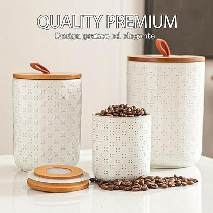 JOJUNO White Ceramic Canister Set with Wooden Lids – 3-Piece Airtight Food Storage Jars for Kitchen, Embossed Design, Small/Medium/Large Sizes (12/30/48 oz) – Flour, Sugar, Coffee, Tea Containers