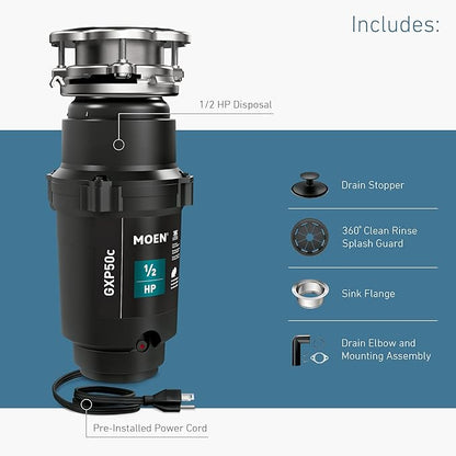 Moen Prep Series PRO 1/2 HP Continuous Feed Compact Garbage Disposal, Power Cord Included, GXP50C (Pack of 2)