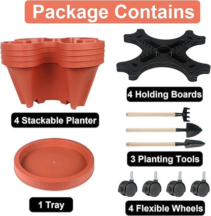Vertical Planter 4 Tier Stackable Planters Garden Planters Strawberry Herb Flower and Vegetable Planter Indoor Outdoor Gardening Pots with Removable Wheels and Tools 2-Pack