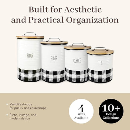 Young's Inc. 4 Pcs Set Plaid with Bamboo Lids Ceramic Canisters- Storage Container for Kitchen and Bathroom - Beautiful Home Decor Accent to Store Food, Coffee, Tea, and More - Black, White
