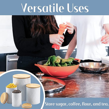 White Kitchen Canisters Set with Bamboo Lids, Airtight Sugar, Flour, Coffee, Cookie Storage Canister Sets for kitchen Countertop, Farmhouse kitchen decor, 4 Pack