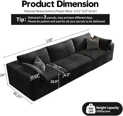 118" Cloud Couch Modular Sectional Sofa for Living Room,Modern Sofa with Deep Seat，3 Seater Boneless Couch,Comfy Upholstered Corduroy Couches for Apartment, Studio, Office,Bedroom，Black