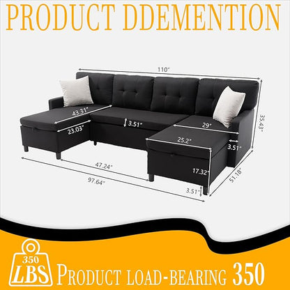 Pull Out Couch, Oversized Sleeper Sofa Couch, Sectional Sleeper Sofa Bed for Living Room Bedroom Lounge (Black, 110 Inch)