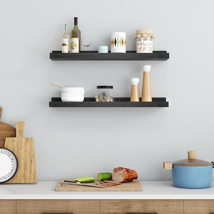 Picture Ledge Shelf for Wall, 24 inch Solid Pine Wood Nursery Book Shelves 2 Packs, Floating Ledge Shelves for Kids' Room Bedroom Bathroom Living Room Photo Frames Office Nursey Wall Decor, Black