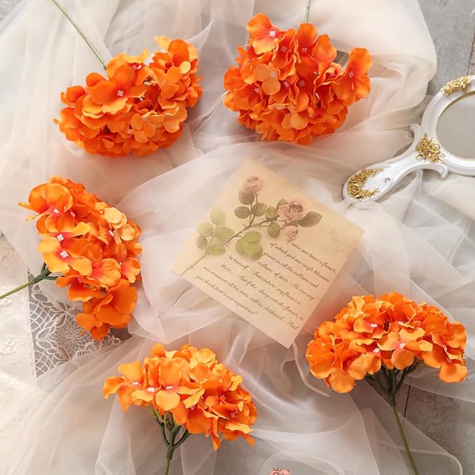 Tifuly Hydrangea Artificial Flowers -12 pcs Realistic Fake Hydrangea Silk Flowers with Stems Faux Hydrangea Flowers Heads for Office Home Party Wedding Centerpiece DIY Floral Decor (Orange)