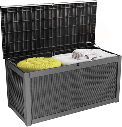 100 Gallon Resin Deck Box, Waterproof Outdoor Storage Bin for Patio Furniture, Pool Accessories, and Garden Tools, Lockable & UV-Resistant, Black