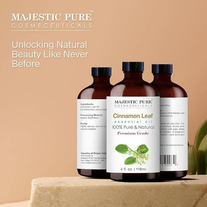 Majestic Pure Cinnamon Essential Oil with Glass Dropper - Huge 4 Fl Oz - 100% Pure and Natural Cinnamon Oil - Premium Grade Essential Oils for Diffuser, Aromatherapy, Soap and Candle Making