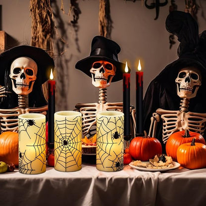 Wondise Halloween Flickering Flameless Candles with Spider Decals, Battery Operated Candles with 6hrs Timer, Real Wax Halloween LED Candles for Horror Spooky Halloween Home Decoration(Set of 3, 3"x6")