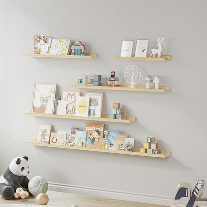 SAUMONIERES Picture Ledge Shelf Floating Book Shelves Set of 2 Wall Mounted Solid Wood for Bedroom Bathroom Living Room Kitchen, 24 Inch Natural