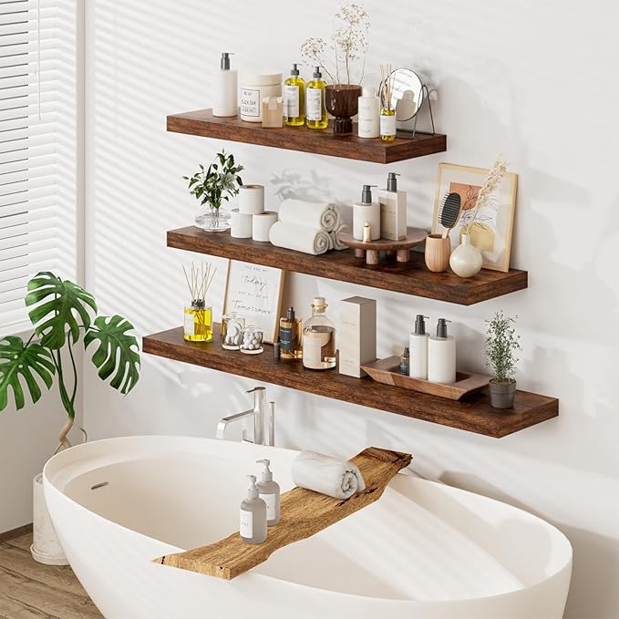 Heimlove 36 Inch Long Floating Shelf for Wall, 12" Deep Floating Shelves Wall Shelves for Bedroom Living Room Bedroom,Wall Mounted Shelves for Storage Book Decor, Set of 2, Rustic Brown