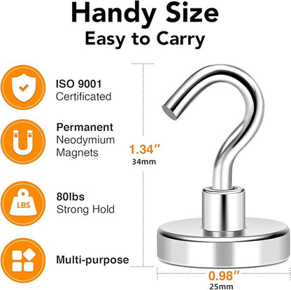 MIKEDE Magnetic Hooks, 80LB+ Heavy Duty Magnetic Hooks Cruise with Epoxy Coating for Refrigerator, Strong Magnet Hooks for Tool Room, Magnetic Metal Hooks for Grill - 8 Pack