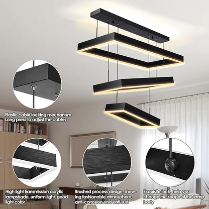 Modern 3 Rings Rectangle Chandelier for Living Room - Adjustable Height Luxury Foyer Lighting Fixture for High Ceiling, Hanging Dining Room LED Pendant Light
