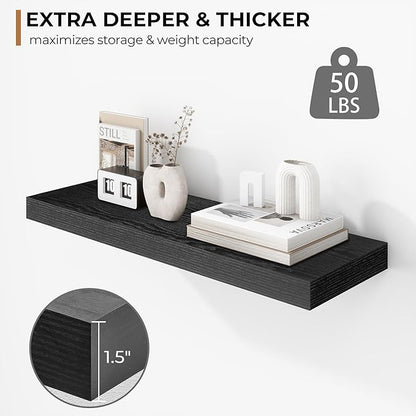 Fun Memories 24 Inch Floating Shelves - Deep Rustic Black Wooden Wall Shelves - Extra Deeper & Thicker Wall Mounted Storage Shelf for Bedroom, Kitchen, Farmhouse - 2 Pack, Rustic Black