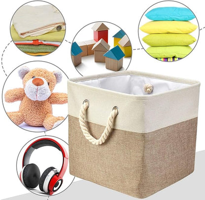 i BKGOO 3Pack Large Foldable Storage Bins，Collapsible Sturdy Cationic Fabric Organizing Storage Basket Cube with Cotton Handles for Home Office Shelf Clothes Toys White-Khaki 13×13×13 inch