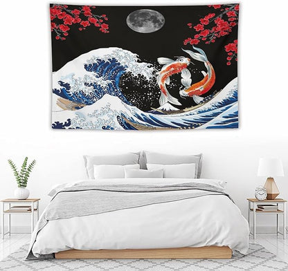 Houselerax Japanese Koi Fish Tapestry, Yin Yang Big Wave Red Cherry Blossom Tapestries Wall Hanging for Bedroom Living Room Office Decor 60"x40"