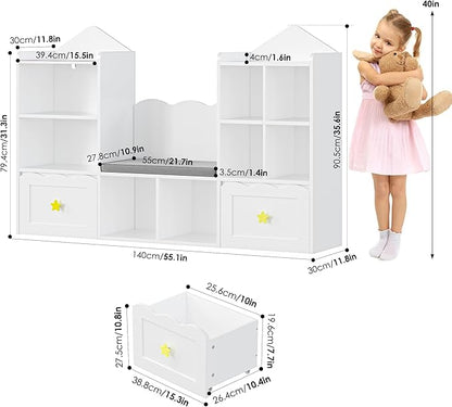 Kids Bookshelf with Reading Nook, Kids Bookcase with Soft Cushion Seat, 2 Wheels Drawers and 8 Storage Cubbies, Toy Storage Organizer for Kid's Room Playroom, Bedroom, School, White
