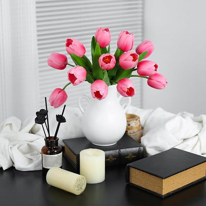 Pink Artificial Tulips, 2 Bundles 14Pcs, Fake Tulips Artificial Flowers, 2 x 2.4 Inch Large Flower Head Big Tulip, Easter Valentine's Day Mother's Day Home Decoration Flowers