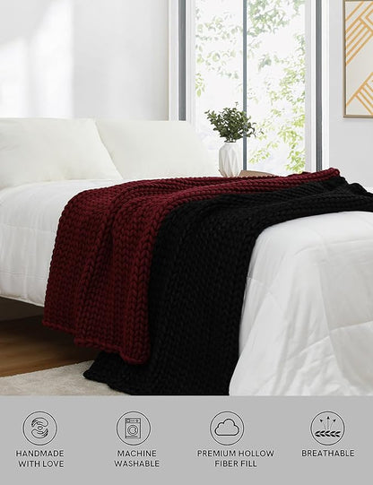 YnM Chunky Throw Blanket, Medium-Weight, Hand Knitted, Skin Friendly, Ventilated and Breathable, Machine Washable, Home Décor Piece for Couch, Sofa and Bed (Black, 40x50 Inch)