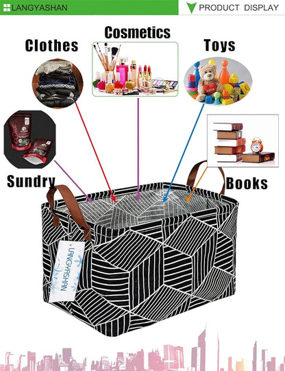 LANGYASHAN Rectangular Storage Bin Collapse Canvas Fabric Cartoon Storage Basket with Handles for Organizing Home Kitchen Boys and Girls Toys Office Closet Shelf Baskets (Black Diamond)