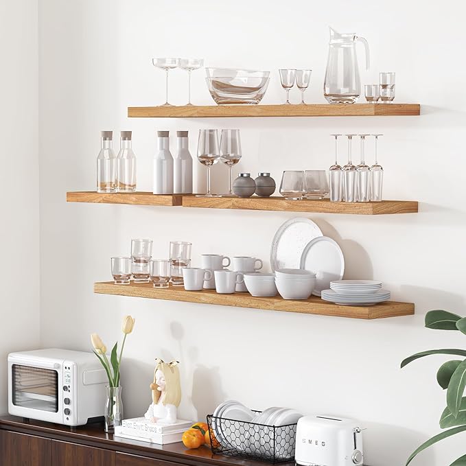 Fun Memories Floating Shelves for Wall, 55"x9.3" Rustic Solid Elm Wood Shelves, Heavy-Duty Wall Mounted Shelves with Invisible Brackets for Living Room, Bedroom, Kitchen, Natural Finish