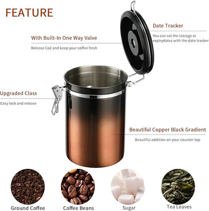 malmo Coffee Canister, Airtight Coffee Container with Date Tracker Lid, Stainless Steel Canister for Kitchen Food Storage (Black-Copper, 9oz)