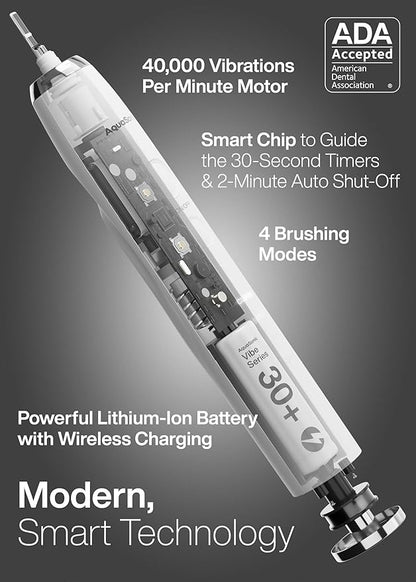 Aquasonic Vibe Series Ultra-Whitening Toothbrush – ADA Accepted Electric Toothbrush - 8 Brush Heads & Travel Case – 40,000 VPM Motor & Wireless Charging - 4 Modes w Smart Timer – Optic White