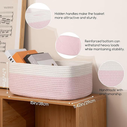 Storage Baskets for Organizing 3 Pack, Woven Baskets for Shelves, Closet Organizer Bins Empty Gift Basket Toy Storage for Toys, Books, Towels, Clothes, 15"x11.42"x6.7", Pink