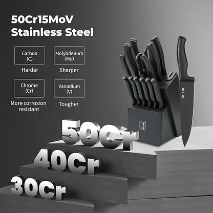 ZHANG XIAO QUAN SINCE 1628 15Pcs Knife Sets with Block, knife sets for kitchen with block High Carbon Stainless Steel Built-in Sharpener Dishwasher Safe(Black)