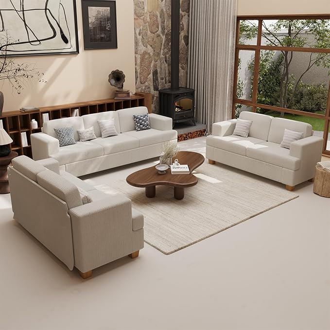 2 Pieces Corduroy Couch Set for Living Room, 5 Seats Cloud Sofa, Deep Seat Floor Couch for Bedroom, Futon Modern Sofa Bed, White Corduroy