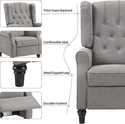 EBELLO 2 Pcs Pushback Recliner Chairs, Fabric Armchair Push Back Recliner with Rivet Decoration, Single Sofa Accent Chair for Living Room, Bedroom, Grey