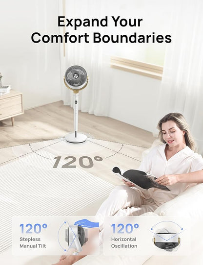 Dreo Fan for Bedroom, 120° Oscillating Standing Fan, Quiet Pedestal Fan with DC Motor, 9 Speeds, 4 modes, 20dB, 120° Manual Vertical, 37-42" Adjustable Height, 9H Timer, White