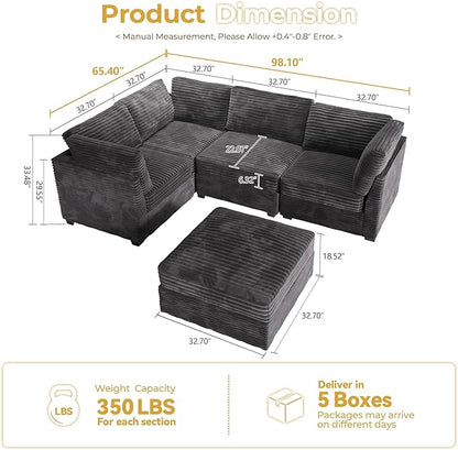 HOOOWOOO Modular Sectional Sofa,5 Pieces Sectional Couches for Living Room,98X66 L Shaped Cloud Couch with Ottoman Chaise Set(Grey Velvet Corduroy)