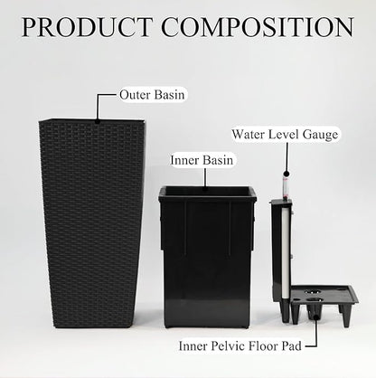 2Pcs 23in High Large Plant Pots Planter-Self-Watering,Modern Planter with Drain Holes,Water Level Monitor,Inner Bucket for Indoor/Outdoor Front Porch Patio,Black Rattan