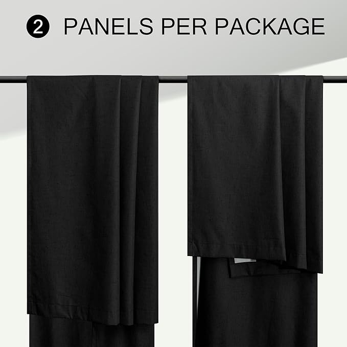 Black Boho Curtains for Bedroom 90 Inches Long Sound Proof Blackout Linen Window Treatment Drapes Double Full Total Light Blocking Floor to Ceiling Curtains for Dining Room 90 Length 2 Panel Back Tab