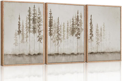 HPINUB Misty Forest Framed Canvas Wall Art Set, Foggy Pine Tree Wall Decor, Pastel Nature Landscape Wall Painting, Evergreen Coniferous Plant Art Print for Living Room, Bedroom, Office-24 x36 x3