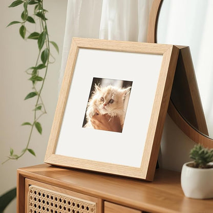upsimples 8x8 Picture Frames, Natural Solid Wooden Picture Frames, Display 4x4 with Mat or 8 x 8 Without Mat, Wall or Tabletop, 1 Pack, Natural
