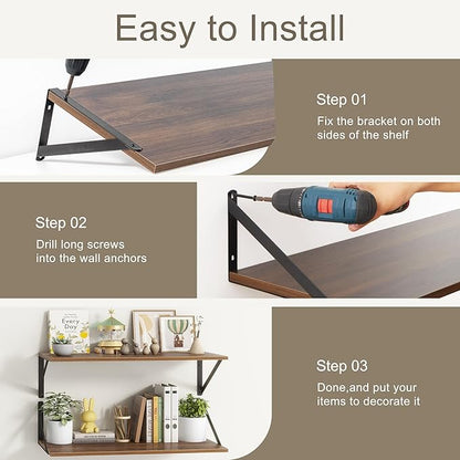 Deep Floating Shelves for Wall, 12 Inch Deep Floating Shelves Set of 2, 16"W x 12"D Wall Shelf, Wide Display Ledges Shelves for Bedroom, Bathroom, 12 Deep Bookshelf Wall Mounted - Walnut Color