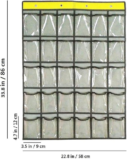 Classroom Pocket Chart for Phone Calculator Holder Over The Door Hanging Closet Jewelry Organizer with 30 Clear Pockets (GREY)