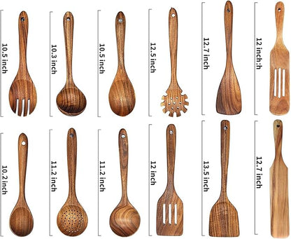 Wooden Spoons for Cooking,12 Pack Wooden Utensils for Cooking Wooden Cooking Utensils Wooden Kitchen Utensils Set Natural Teak Wooden Spatulas for Cooking