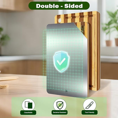 Titanium Cutting Board for Kitchen, Cutting Board Double Sided Food Grade, Pure Titanium and Natural Bamboo, with Deep Juice Grooves, Large Size 15.6”×11”