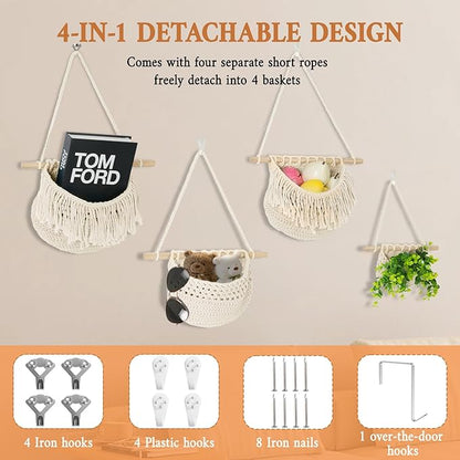 4 Tier Hanging Fruit Basket for Kitchen, Beige Boho Cotton Rope Crocheted Fruit Holder for Bathroom Bedroom, Detachable Wall Hanging Basket Shelves Over Door Organizer for Fruits Veggie Plant Decor