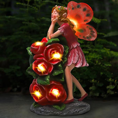 Solar Garden Outdoor Statues Cute Flower Fairy with 7 LED Solar Figurine for Lawn,Patio, Balcony, Yard Unique Housewarming Gift, for Woman, Mom, Grandma