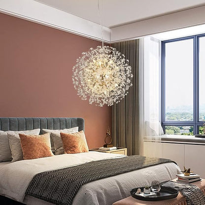Modern Crystal Chandelier, Sputnik Dandelion High Ceiling Hanging Lamp, Large Beaded Gold Pendant Light for Living Room Dining Room Kitchen Island Bedroom (Gold 16Lights)