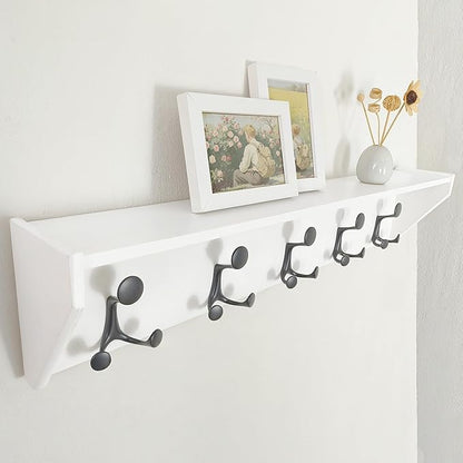 SKOLOO Wall Shelf with Hooks, 35-Inch White Coat Rack Wall Mount with Shelf Organizer - Lightweight & Sturdy, 5 Tri Hooks - Perfect for Entryway, Hallway, Living Room, Bedroom, Mudroom