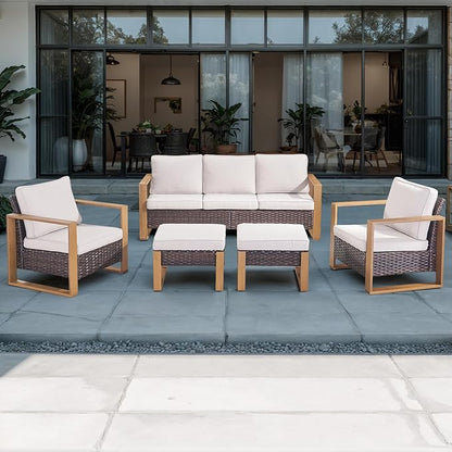 Outdoor Wicker Patio Furniture Set - 5 Piece Patio Conversation Set with 2 Wicker Armrest Chairs,2 Rattan Ottoman and 1 Couch,Sturdy Frame,Thick Cushions,Deep Seating(Brown/Beige)